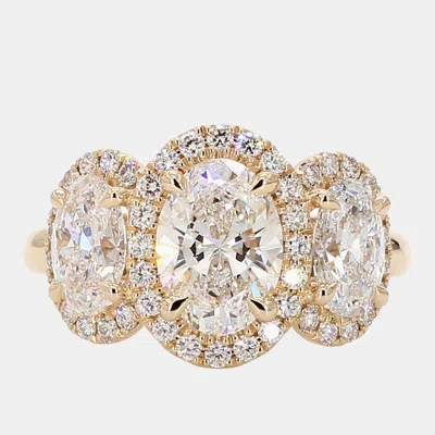 Pre-owned Atelier D' Excellence 3.08 Cts Oval Halo Lab Grown Diamonds 14k Yellow Gold Three Stone Engagement Ring Eu 54