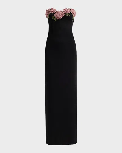 Atelier Prabal Gurung Blanca Embellished Rose Strapless Gown In Black