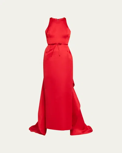 Atelier Prabal Gurung Caroline Satin Halter Column Gown With Detachable Train In Red