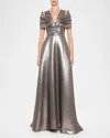 Atelier Prabal Gurung Chiara Metallic Draped-shoulder Gown In Rose Gold