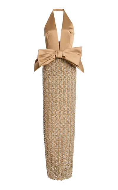 Atelier Prabal Gurung Embellished Satin Halter Gown In Gold