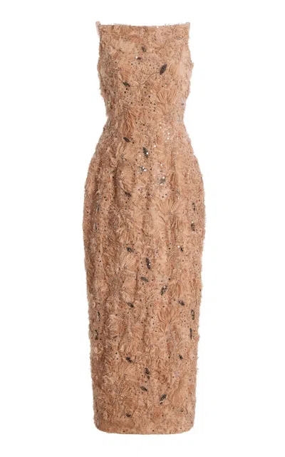 Atelier Prabal Gurung Embroidered Organza Midi Dress In Brown
