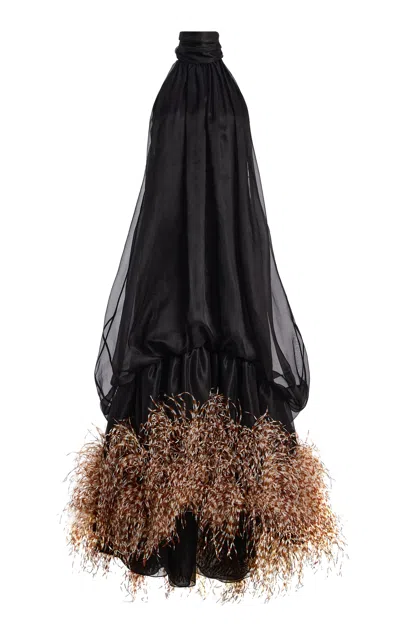 Atelier Prabal Gurung Feathered Silk Organza Open-back Cocoon Halter Dress In Pink