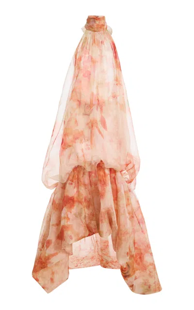 Atelier Prabal Gurung Floral Print Silk Organza Open-back Cocoon Halter Dress In Multi