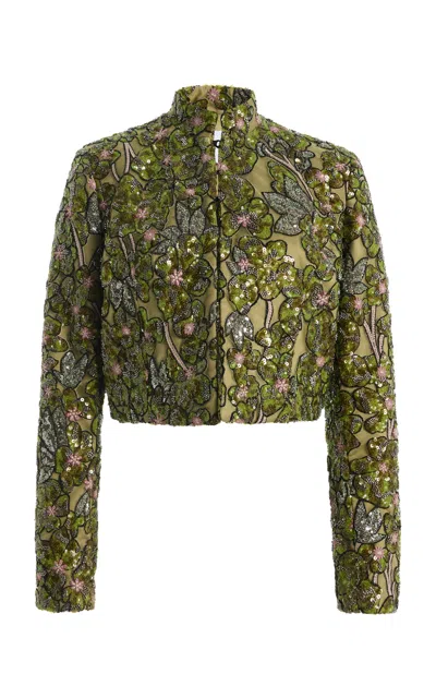 Atelier Prabal Gurung Floral Sequin Embroidered Tulle Cropped Bolero In Green
