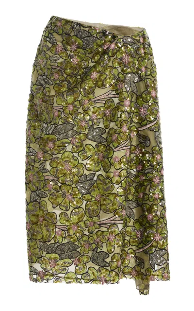 Atelier Prabal Gurung Floral Sequin Embroidered Tulle Hand-draped Sari Overlay Skirt In Green