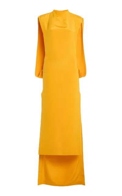 Atelier Prabal Gurung Four-ply Silk Crepe Mock-neck Open Cocoon Column Dress In Yellow