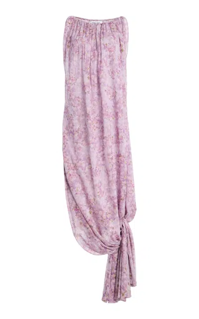 Atelier Prabal Gurung Gajra Floral Print Silk Chiffon Hand-draped Asymmetrical Knotted Dress In Pink