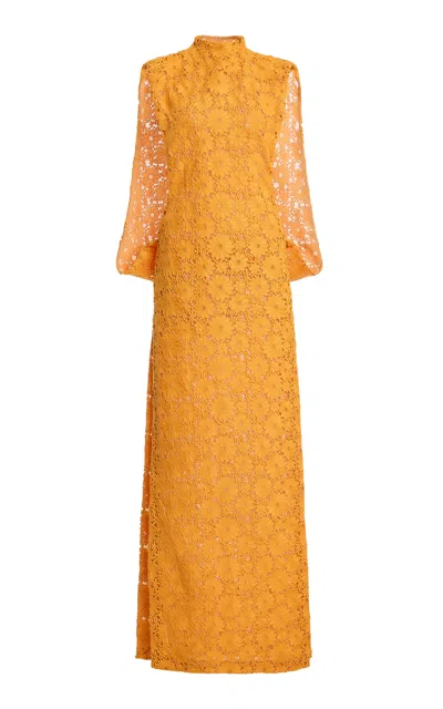 Atelier Prabal Gurung Guipure Lace Mock-neck Open Cocoon Column Dress In Yellow