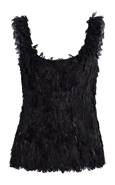 Atelier Prabal Gurung Hand-feathered Corset Tank Top In Black