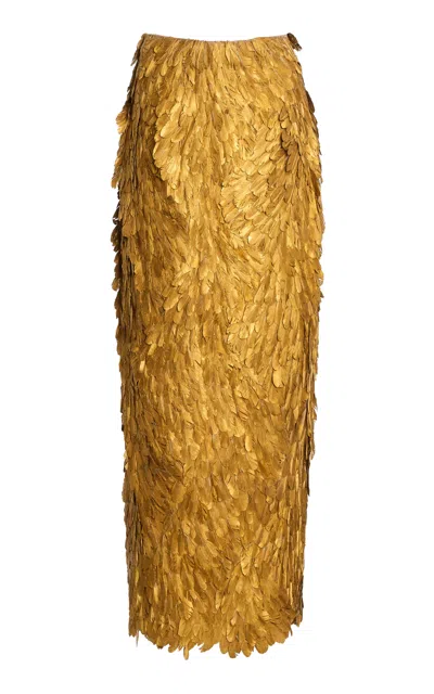 Atelier Prabal Gurung Hand-feathered Midi Skirt In Gold