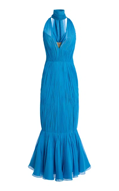 Atelier Prabal Gurung Hand-pleated Silk-chiffon Midi Dress In Blue