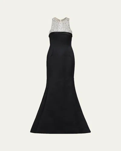 Atelier Prabal Gurung Hunter Crystal And Satin Halter Trumpet Gown In Black