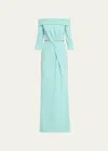 ATELIER PRABAL GURUNG JUDY PLEATED CRYSTAL-EMBELLISHED 3/4-SLEEVE OFF-THE-SHOULDER GOWN