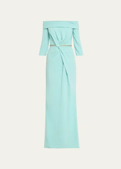 Atelier Prabal Gurung Judy Pleated Crystal-embellished 3/4-sleeve Off-the-shoulder Gown In Aqua Haze