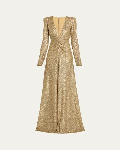 Atelier Prabal Gurung Louise Sequined Long Sleeve Gown In Gold