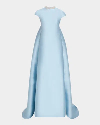 Atelier Prabal Gurung Naomi Crystal Button-back Gown With Train In Blue