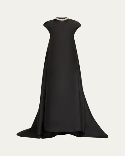 Atelier Prabal Gurung Naomi Crystal Cap-sleeve Mikado Train Gown In Black