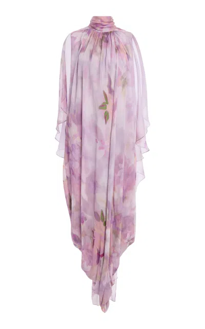 Atelier Prabal Gurung Oversized Gajra Floral Print Crinkled-silk Chiffon Draped Dhoti Dress In Purple