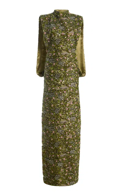Atelier Prabal Gurung Sequin Embroidered Tulle Mock-neck Open Cocoon Column Dress In Green
