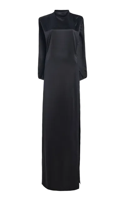 Atelier Prabal Gurung Silk Crepe Back Satin Mock-neck Open Cocoon Column Dress In Black