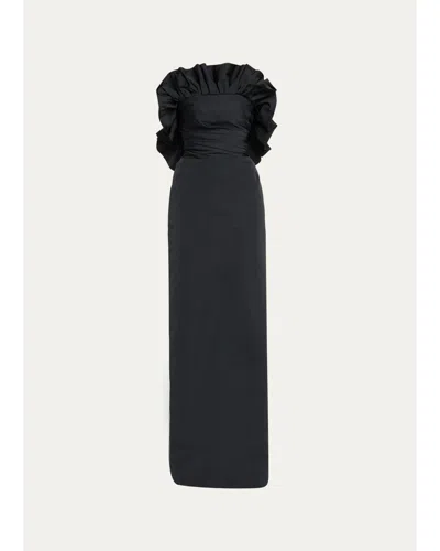 Atelier Prabal Gurung Strapless Ruffle Faille Column Gown In Black