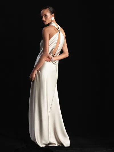 Atelier Satin High-neck Open-back Maxi Dress In Gray