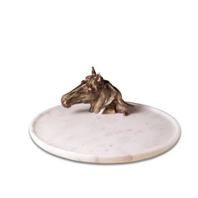 Atelier Terra Madre Gold / White Hipotane Marble Serving Plate With Cast Bronze Horse Head In Multi