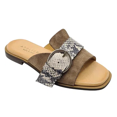 Ateliers Snake Print Buckle Slides In Taupe In Grey