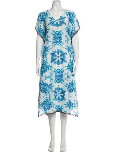 Pre-owned Athena Procopiou Printed Pom-pom Embellishments Cover-up In Blue