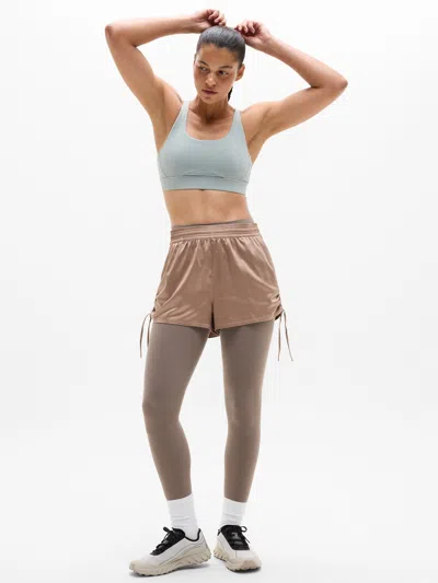 Athleta Featherweight Satin Ruched Run Short In Savanna