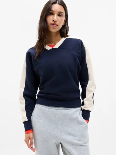Athleta Forever Fleece V-neck Sweatshirt In Navy/bone