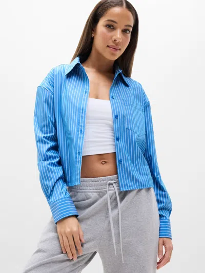 Athleta Midday Cropped Poplin Shirt In Blue