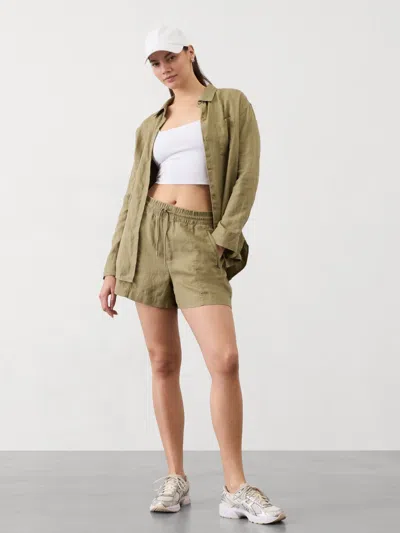 Athleta Retreat Linen Mid Rise Short In Olive Branch