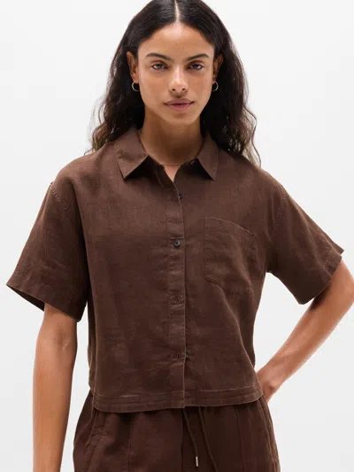 Athleta Retreat Linen Short Sleeve Shirt In Brown