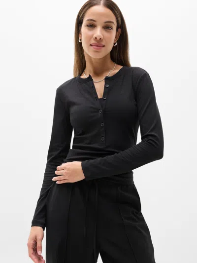 Athleta Signature Rib Long Sleeve Henley Top In Black