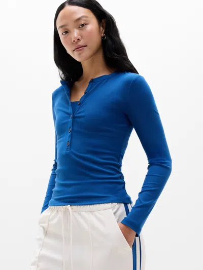 Athleta Signature Rib Long Sleeve Henley Top In Blue