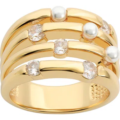 Athra Luxe Cubic Zirconia & Faux Pearl Multi-band Ring In Gold