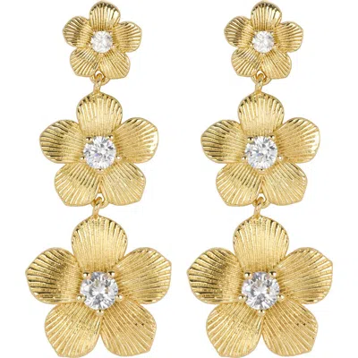 Athra Luxe Cubic Zirconia Triple Flower Drop Earrings In Gold