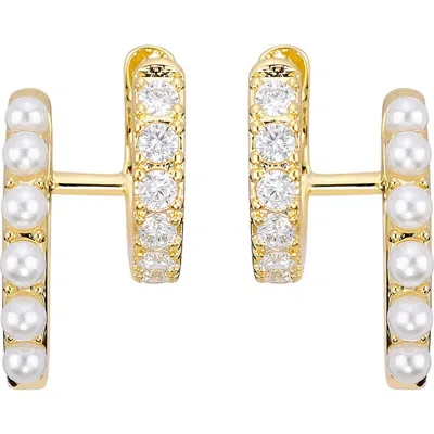 Athra Luxe Faux Pearl & Cubic Zirconia Double Huggie Hoop Earrings In Gold
