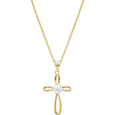Athra Luxe Faux Pearl Cross Pendant Necklace In Gold
