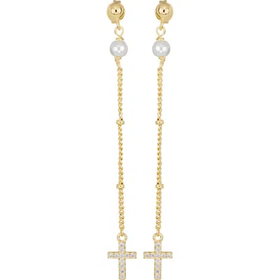 Athra Luxe Imitation Pearl & Cross Linear Drop Earrings In Gold