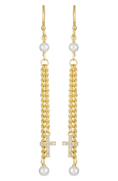 Athra Luxe Imitation Pearl & Cross Linear Drop Earrings In Gold