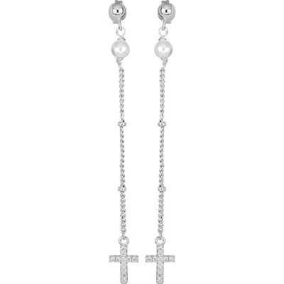 Athra Luxe Imitation Pearl & Cross Linear Drop Earrings In Silver