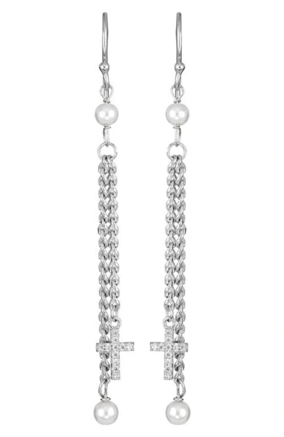 Athra Luxe Imitation Pearl & Cross Linear Drop Earrings In Silver