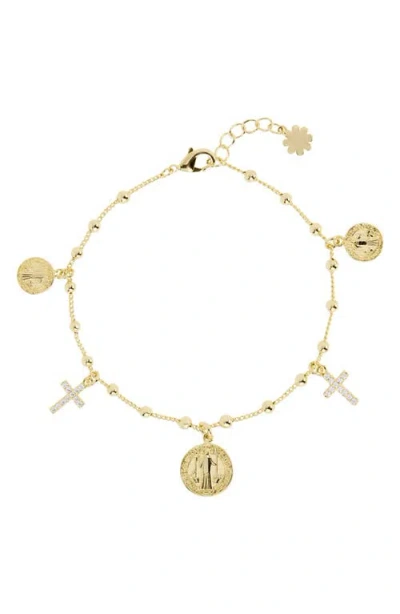 Athra Luxe Medallion & Pavé Cubic Zirconia Cross Charm Bracelet In Gold