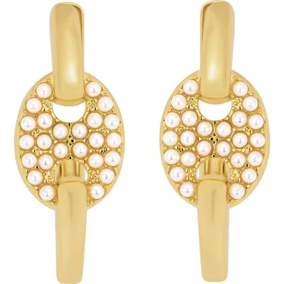 Athra Luxe Modern Muse Faux Pearl Mariner Huggie Hoop Earrings In Gold