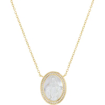 Athra Luxe Mother-of-pearl Mary Pavé Cubic Zirconia Medallion Pendant Necklace In Gold