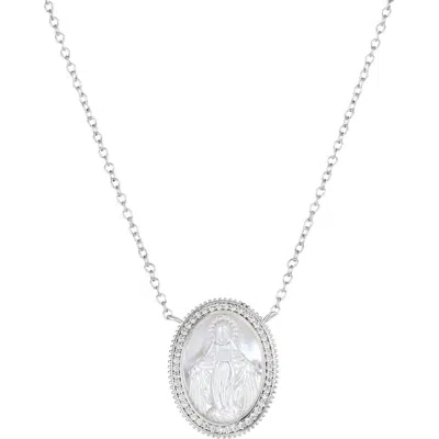 Athra Luxe Mother-of-pearl Mary Pavé Cubic Zirconia Medallion Pendant Necklace In Silver