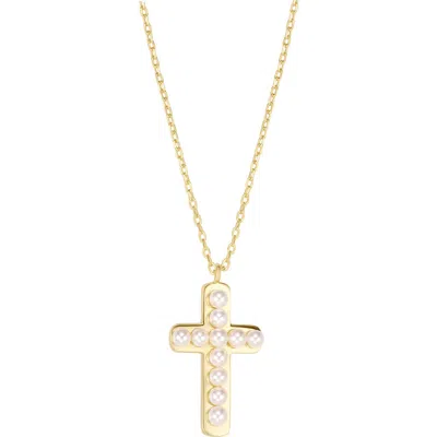 Athra Luxe Simulated Pearl Cross Pendant Necklace In Gold
